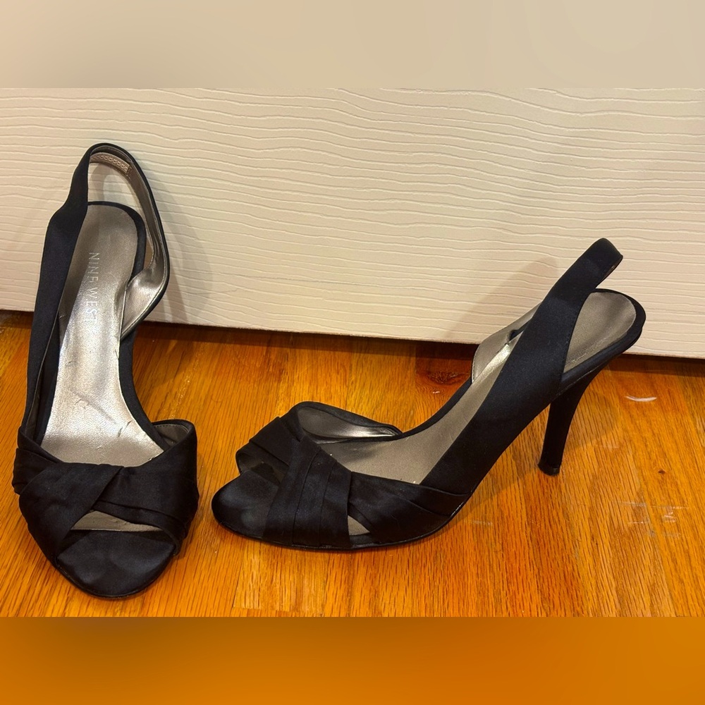 Nine West Elegant Satin Black Peep-Toe Heels